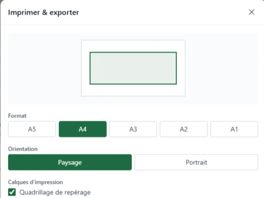 Fenêtre d'impression d'une carte de chasse : aperçu de la page, formats A5 à A1, orientation paysage et quadrillage de repérage