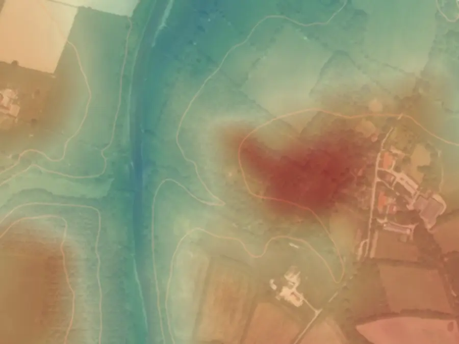 Relief et courbes de niveau colorisés sur une carte de territoire de chasse