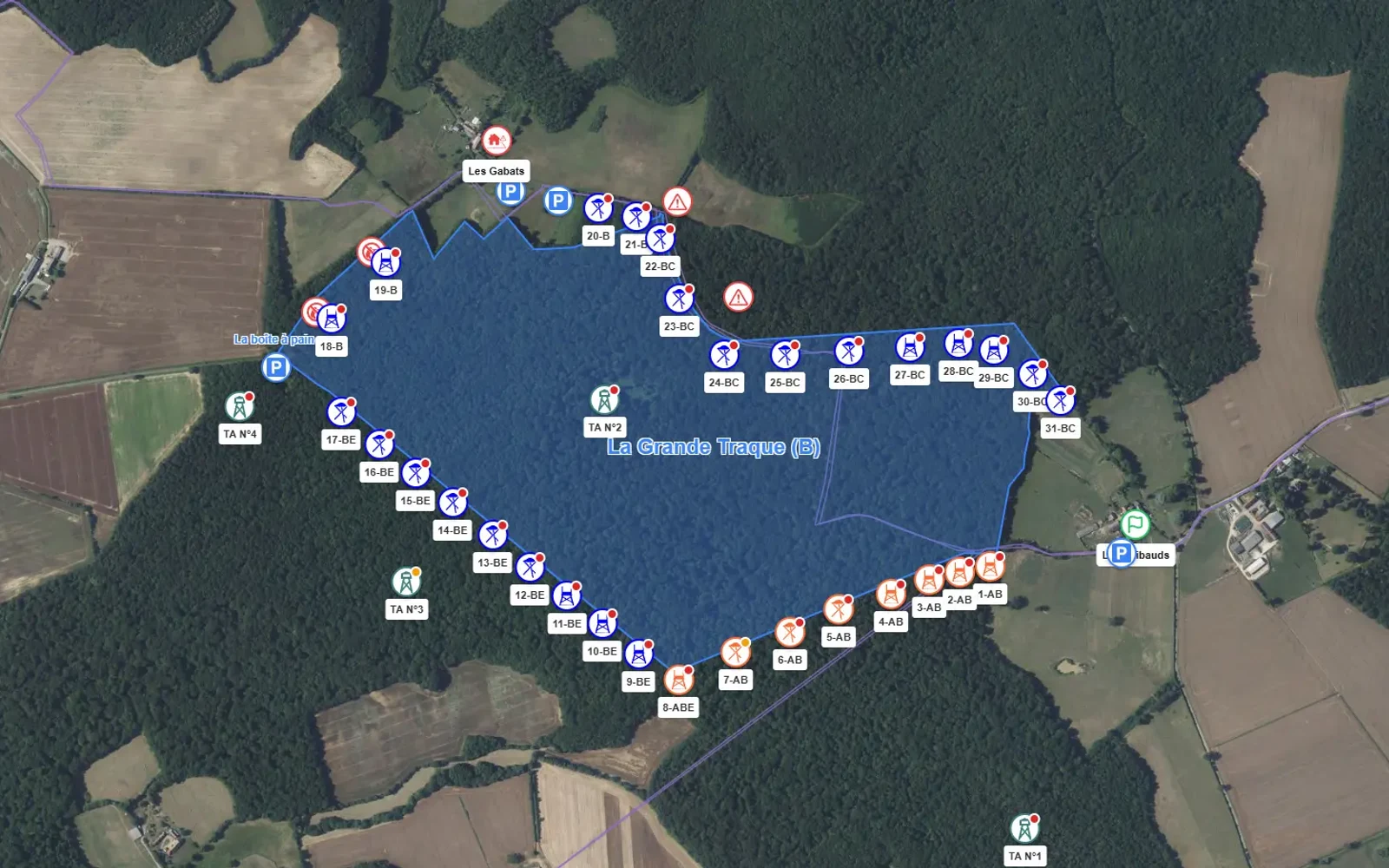 Carte de battue : territoire tracé sur fond satellite avec 31 postes numérotés, miradors, parkings, points de rendez-vous et zones de danger