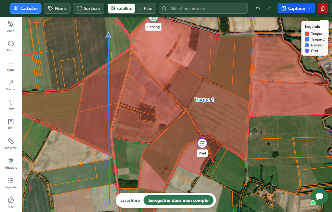 Aperçu de l'outil de carte de chasse Mes Chasses : territoire tracé au cadastre, postes et zones de battue sur fond satellite